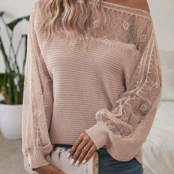 . Sweaters - Dusty Pink Boho Womens Lace Yoke Lantern Sleeve Sweater